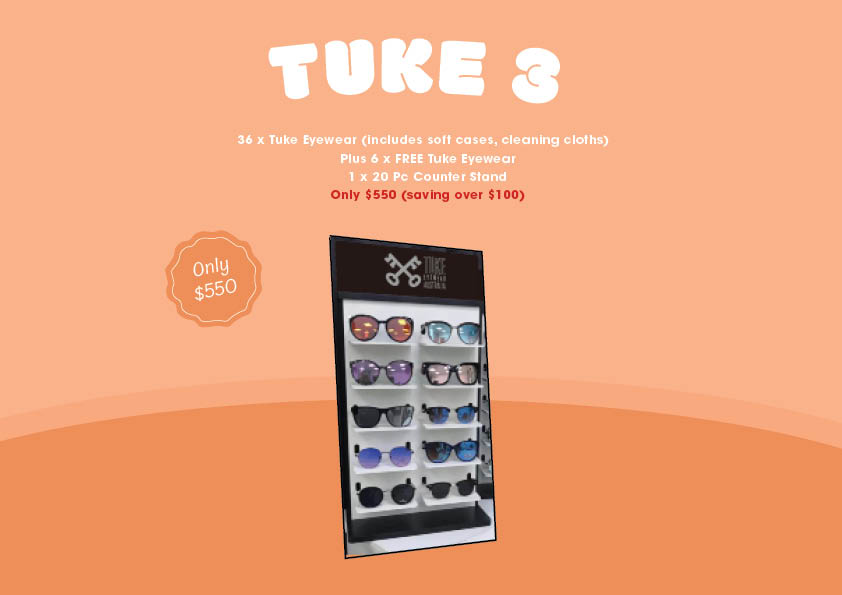 TUKE PACK 3 36 x Tuke Eyewear (includes soft cases, cleaning cloths) Plus 6 x FREE Tuke Eyewear 1 x 20 Pc Counter Stand