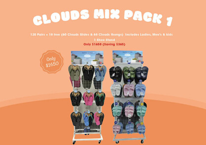Clouds Mix Pack 1 "120 Pairs + 10 free  (60 Clouds Slides & 60 Clouds  thongs) Includes Ladies, Men’s &  kids 1 Shoe Stand"