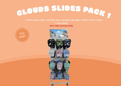 CLOUDS SLIDES PACK 1 "72 Pairs Ladies, Men’s and Kids  Slides (Includes 30 Ladies, 30  Men’s and 12 Kids) 1 Shoe Stand"