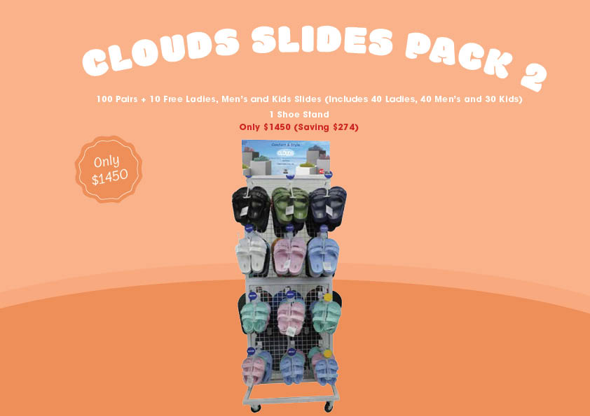 CLOUDS SLIDES PACK 2 "100 Pairs + 10 Free Ladies, Men’s and Kids Slides (Includes 40 Ladies, 40 Men’s and 30 Kids) 1 Shoe Stand "