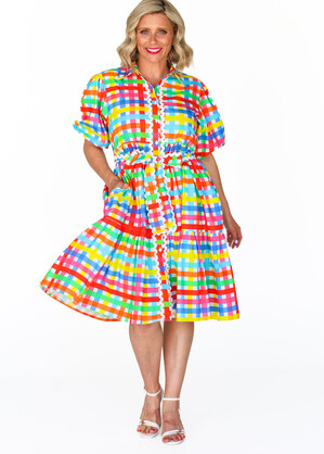 Melody Tiered Dress- Neon Gingham