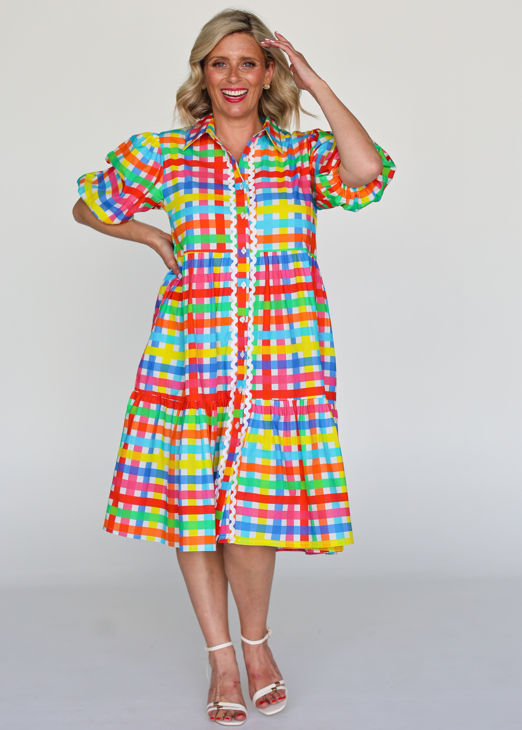 Melody Tiered Dress- Neon Gingham