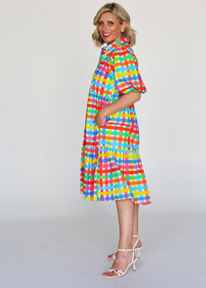 Melody Tiered Dress- Neon Gingham