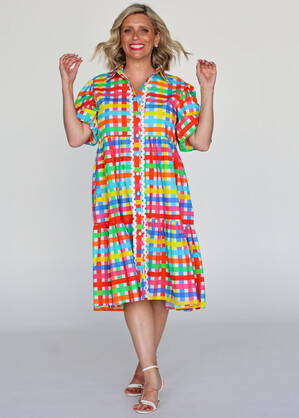 Melody Tiered Dress- Neon Gingham