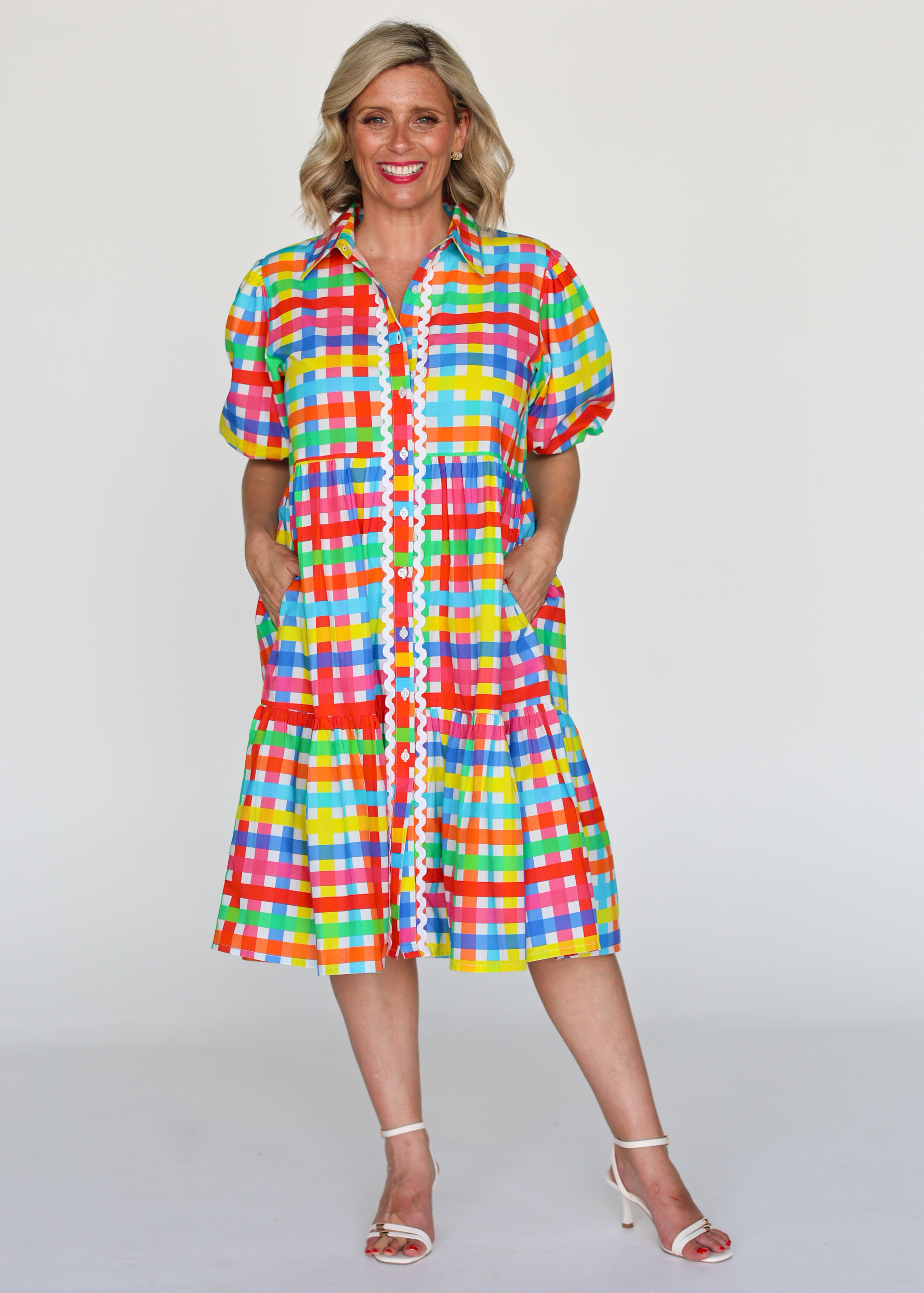Melody Tiered Dress- Neon Gingham
