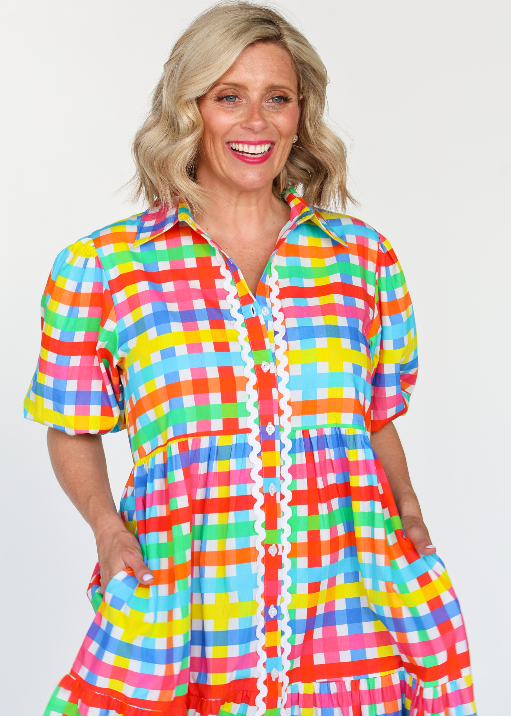 Melody Tiered Dress- Neon Gingham