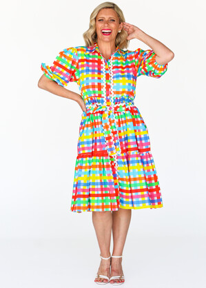 Melody Tiered Dress- Neon Gingham