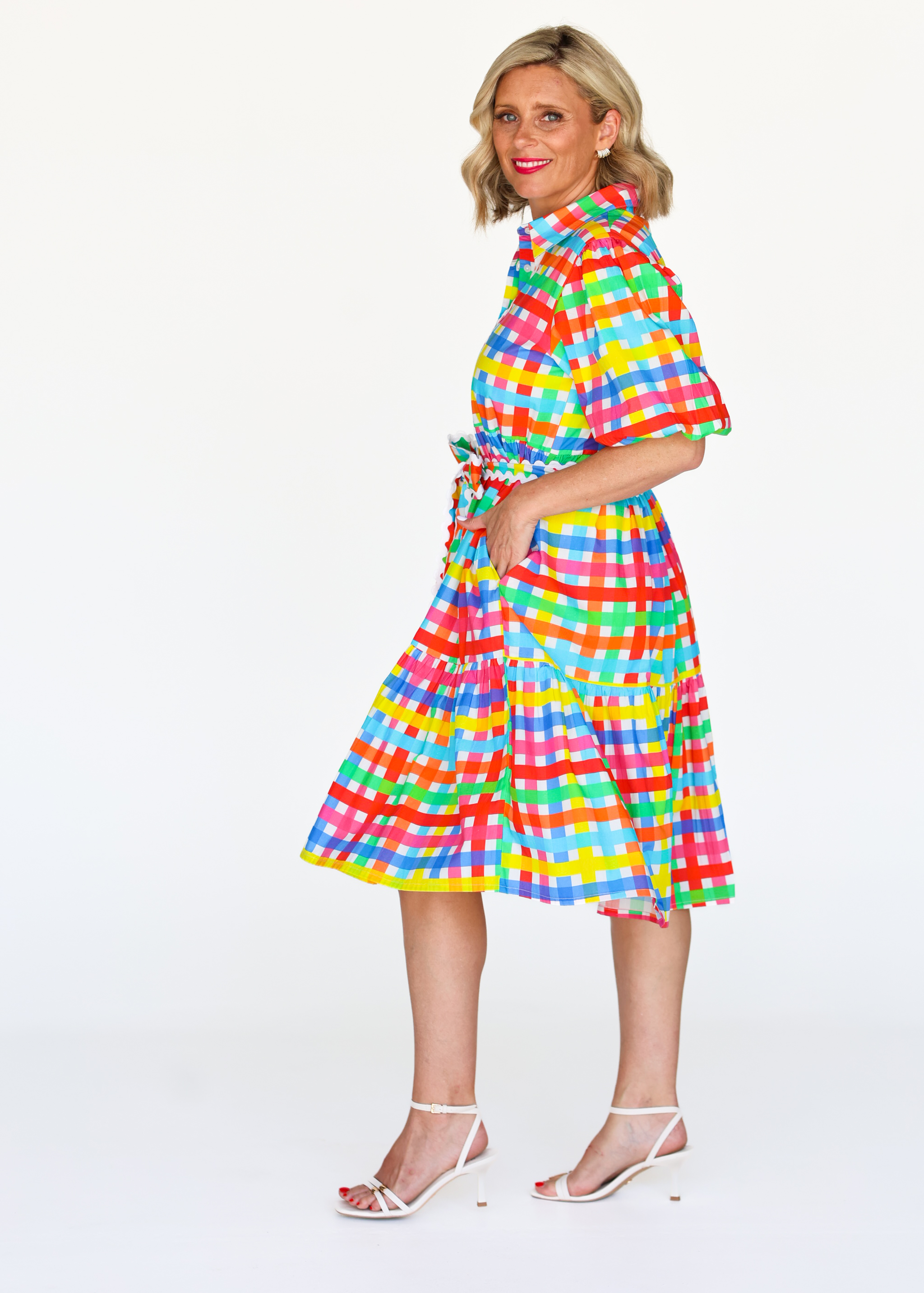 Melody Tiered Dress- Neon Gingham