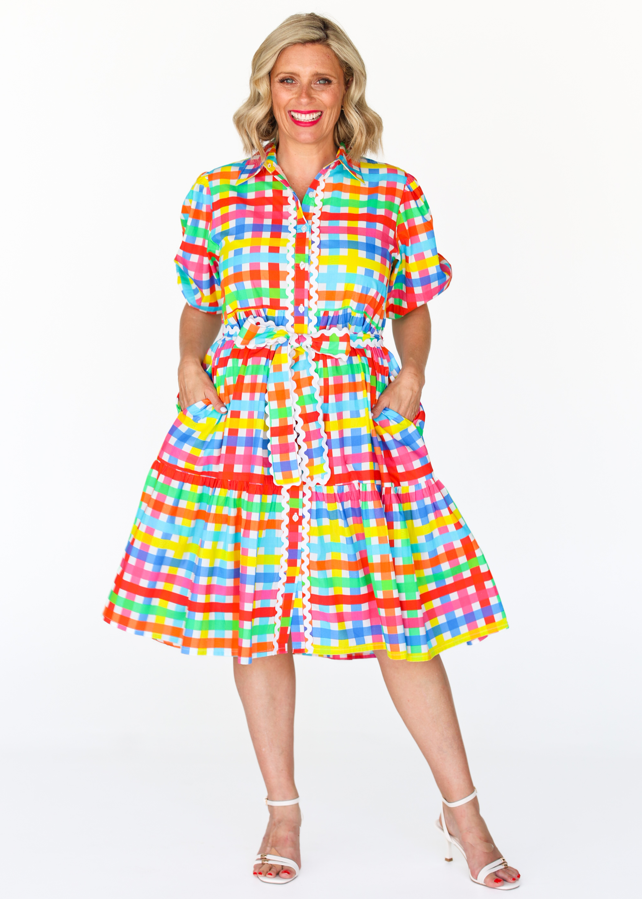 Melody Tiered Dress- Neon Gingham