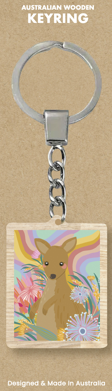 Rainbow Kangaroo Wooden Keyring