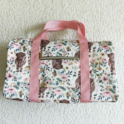 Highland Cow Floral Print Beige Teenage Women Gym Bag