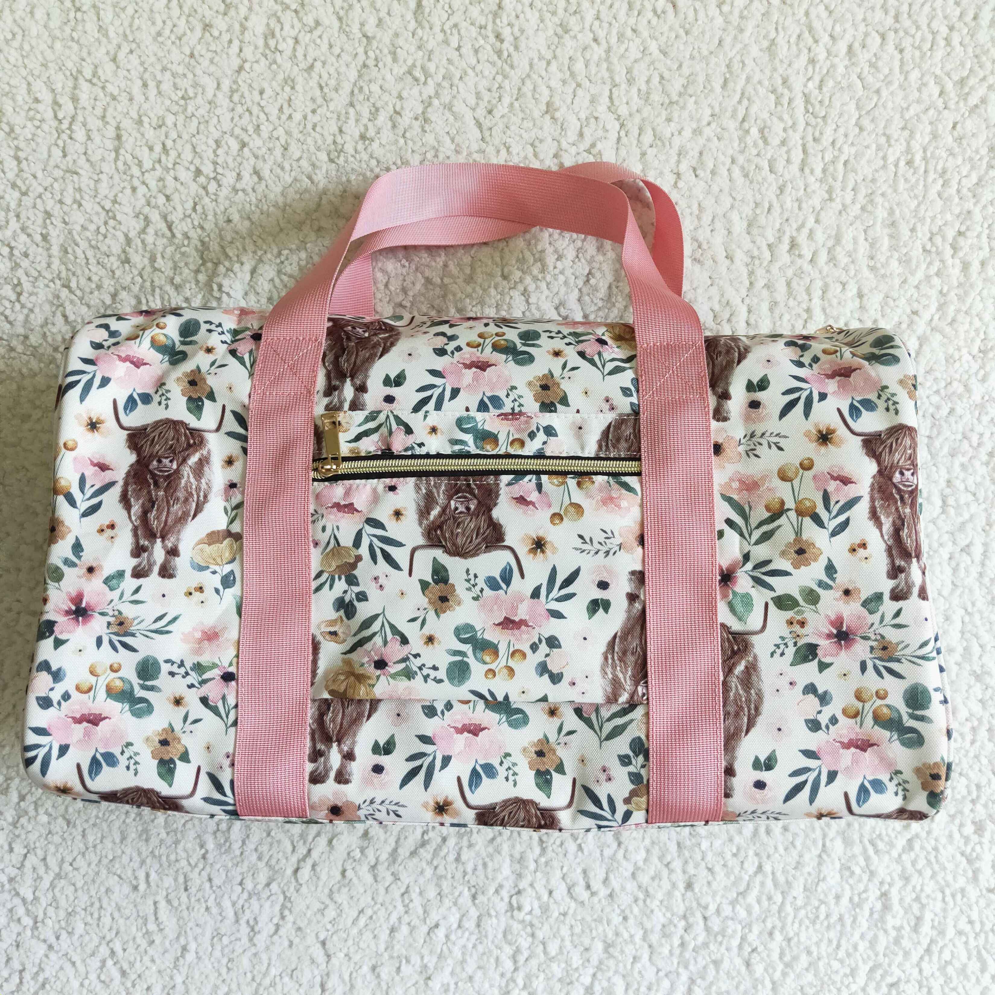 Highland Cow Floral Print Beige Teenage Women Gym Bag