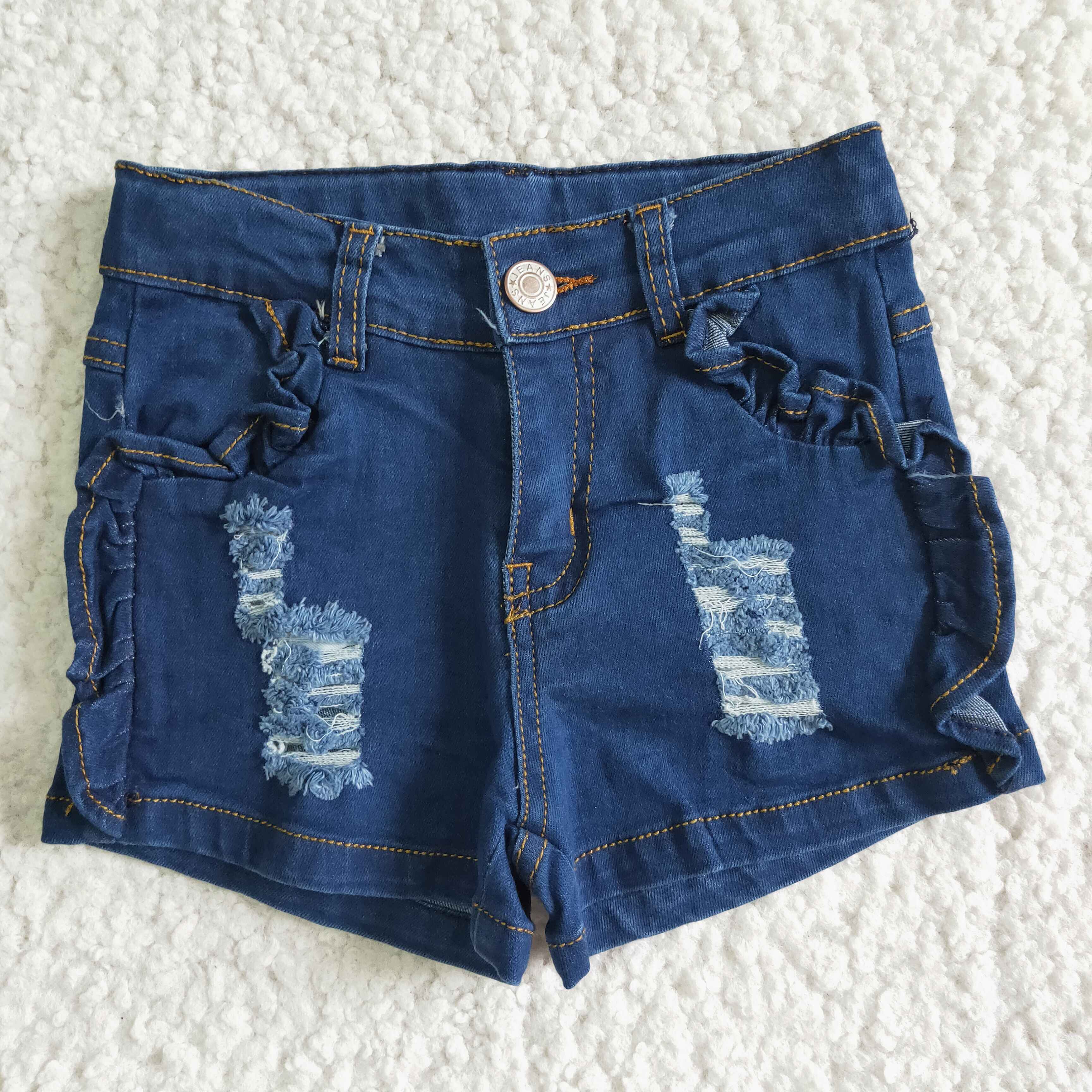 Distressed Navy Blue Ruffles Toddlers Kids Girls Denim Shorts