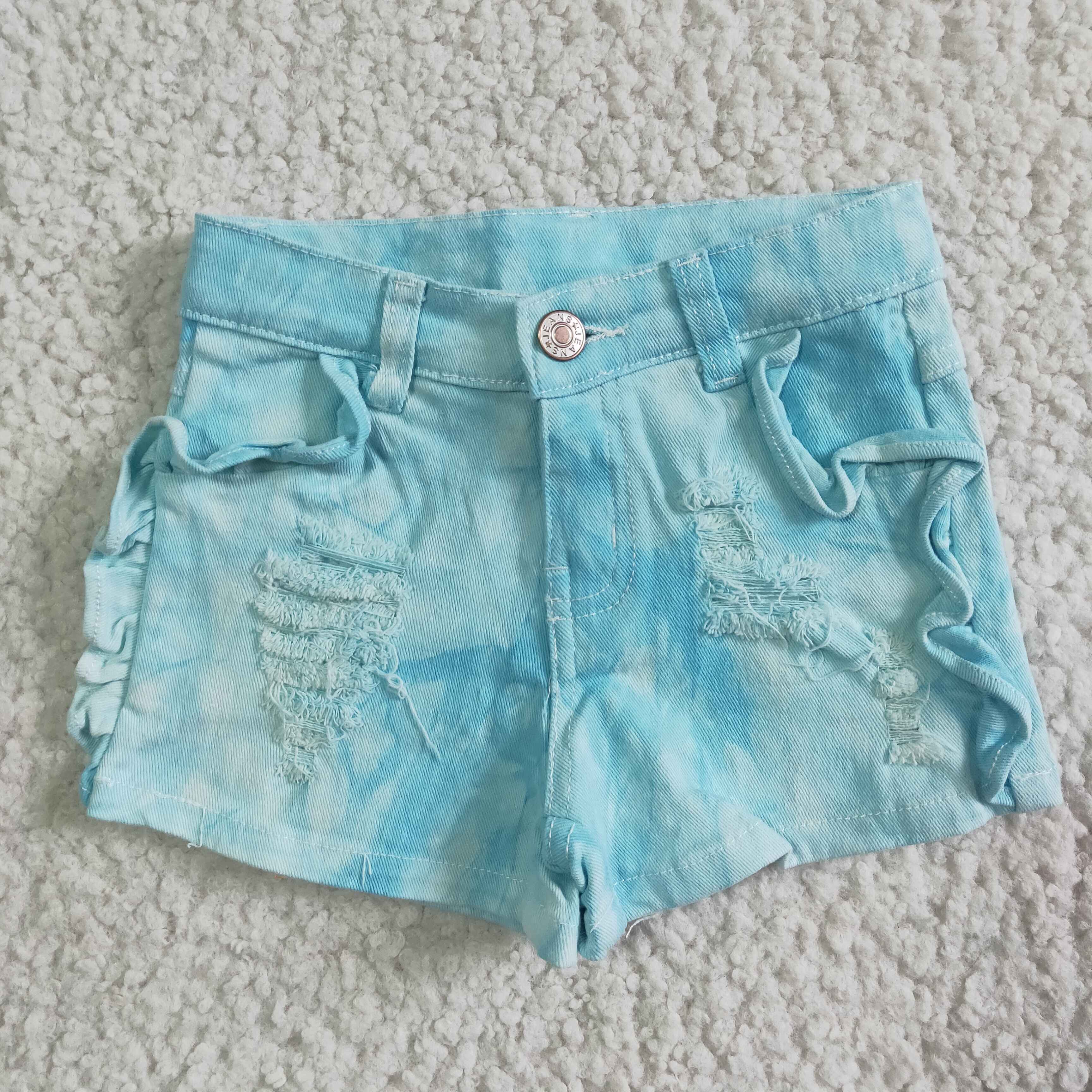 Sky Blue Ruffles Bleached Ripped Distressed Toddlers Kids Girls Denim Shorts