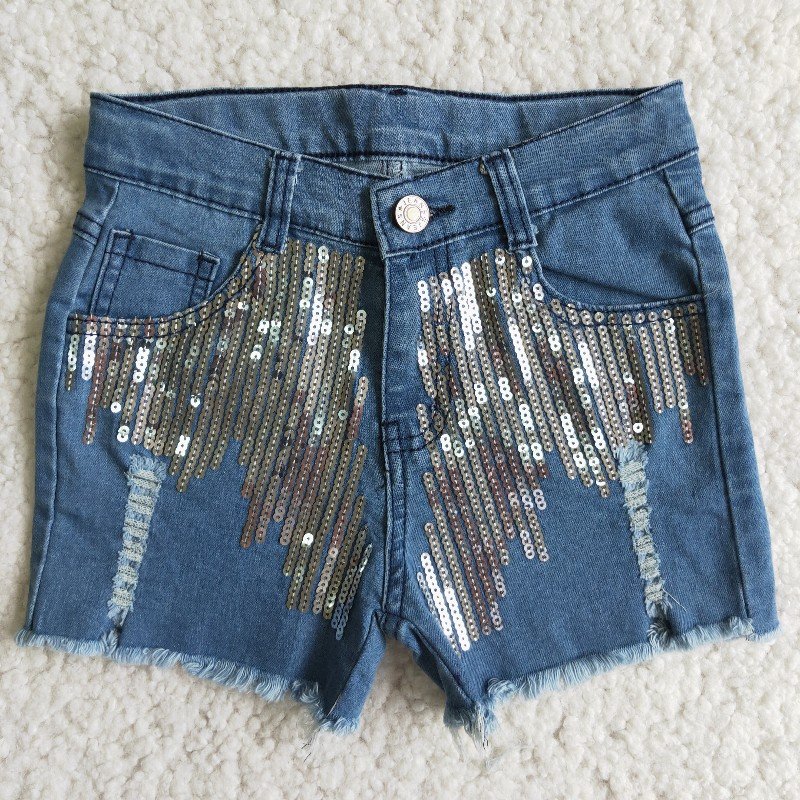 Sequins Ripped Distressed Toddlers Kids Girls Denim Shorts