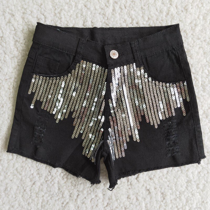 Sequins Black Ripped Distressed Toddlers Kids Girls Denim Shorts