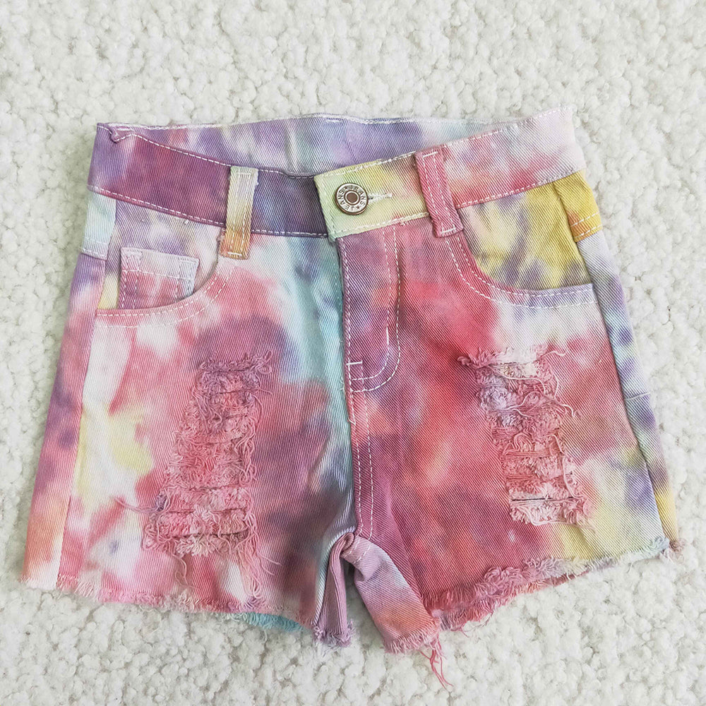 Tie Dye Colorful Ripped Distressed Toddlers Kids Girls Denim Shorts