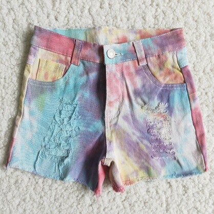 Tie Dye Colorful Ripped Distressed Toddlers Kids Girls Denim Shorts