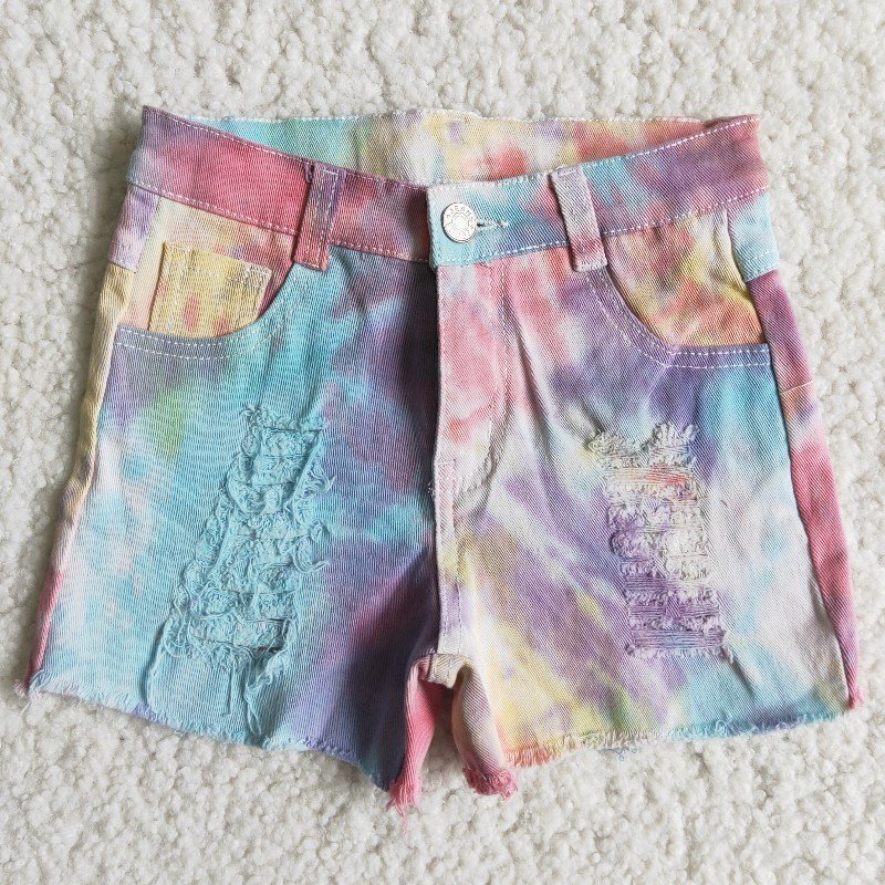 Tie Dye Colorful Ripped Distressed Toddlers Kids Girls Denim Shorts