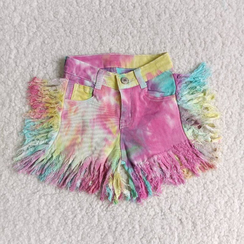Tie Dye Colorful Tassels Ripped Distressed Toddlers Kids Girls Denim Shorts