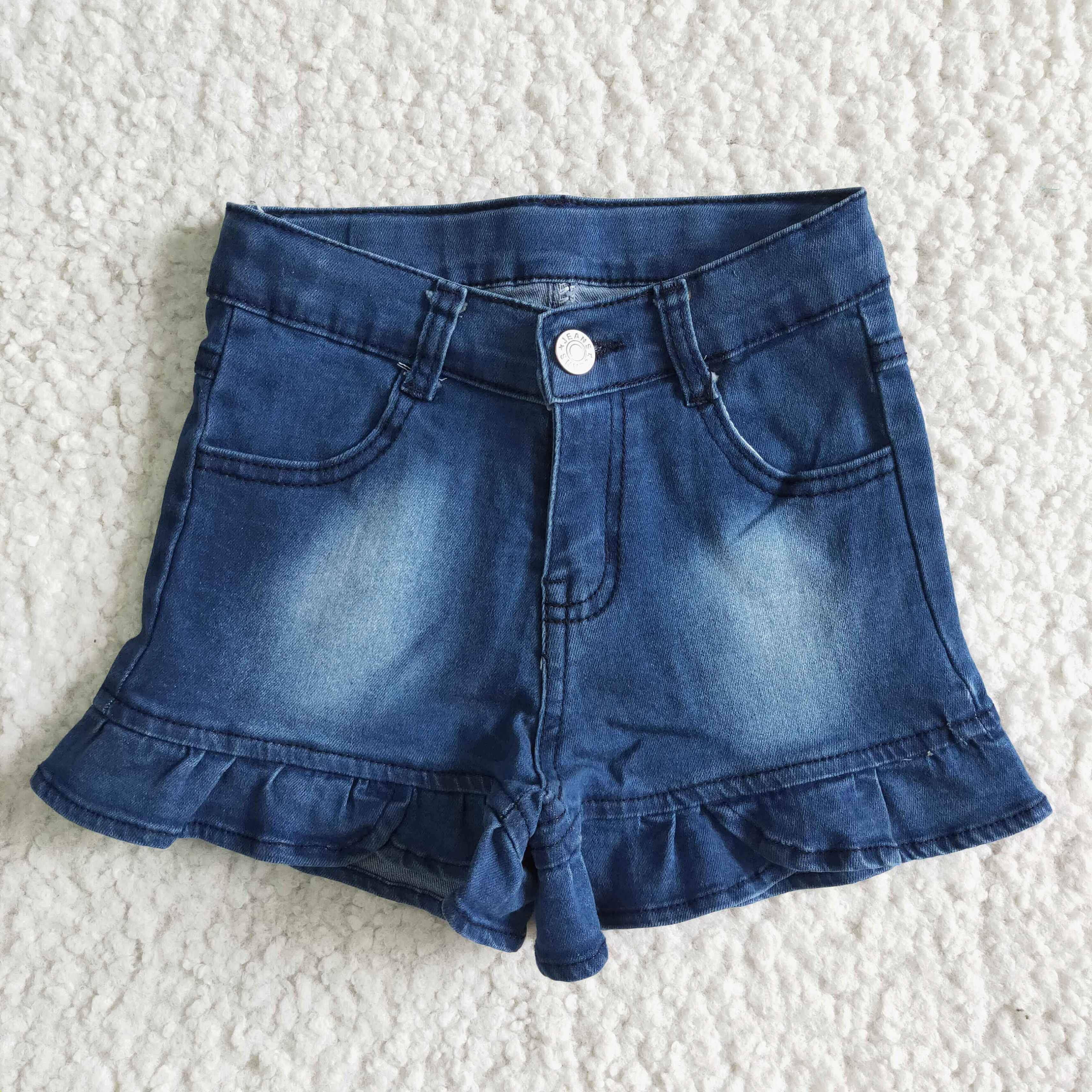 Casual Blue Ruffles Bleached Dress Style Toddlers Kids Girls Denim Shorts