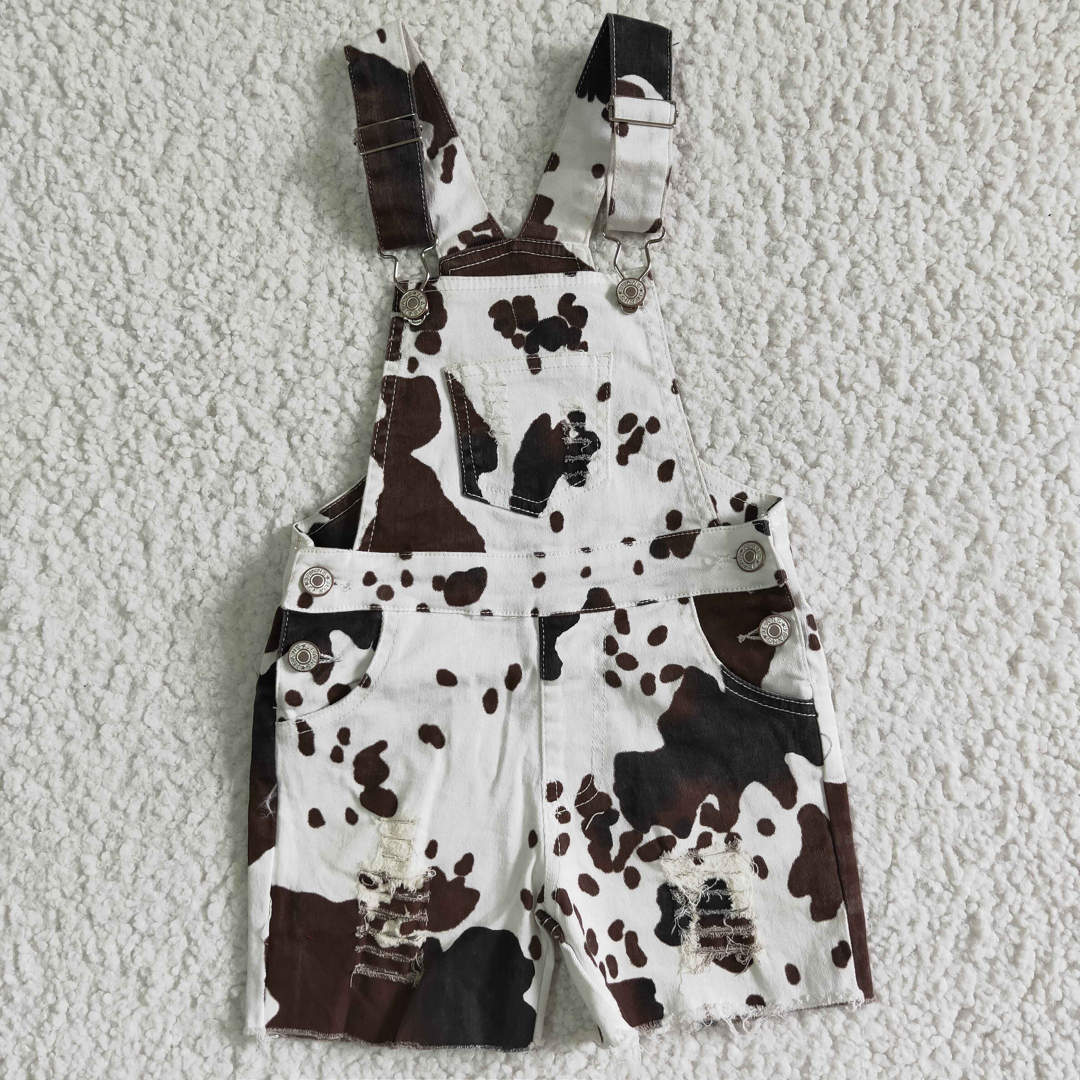 Cowhide Print Casual Ripped Distressed Suspenders Jeans Overalls Toddlers Kids Girls Denim Shorts