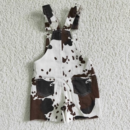 Cowhide Print Casual Ripped Distressed Suspenders Jeans Overalls Toddlers Kids Girls Denim Shorts