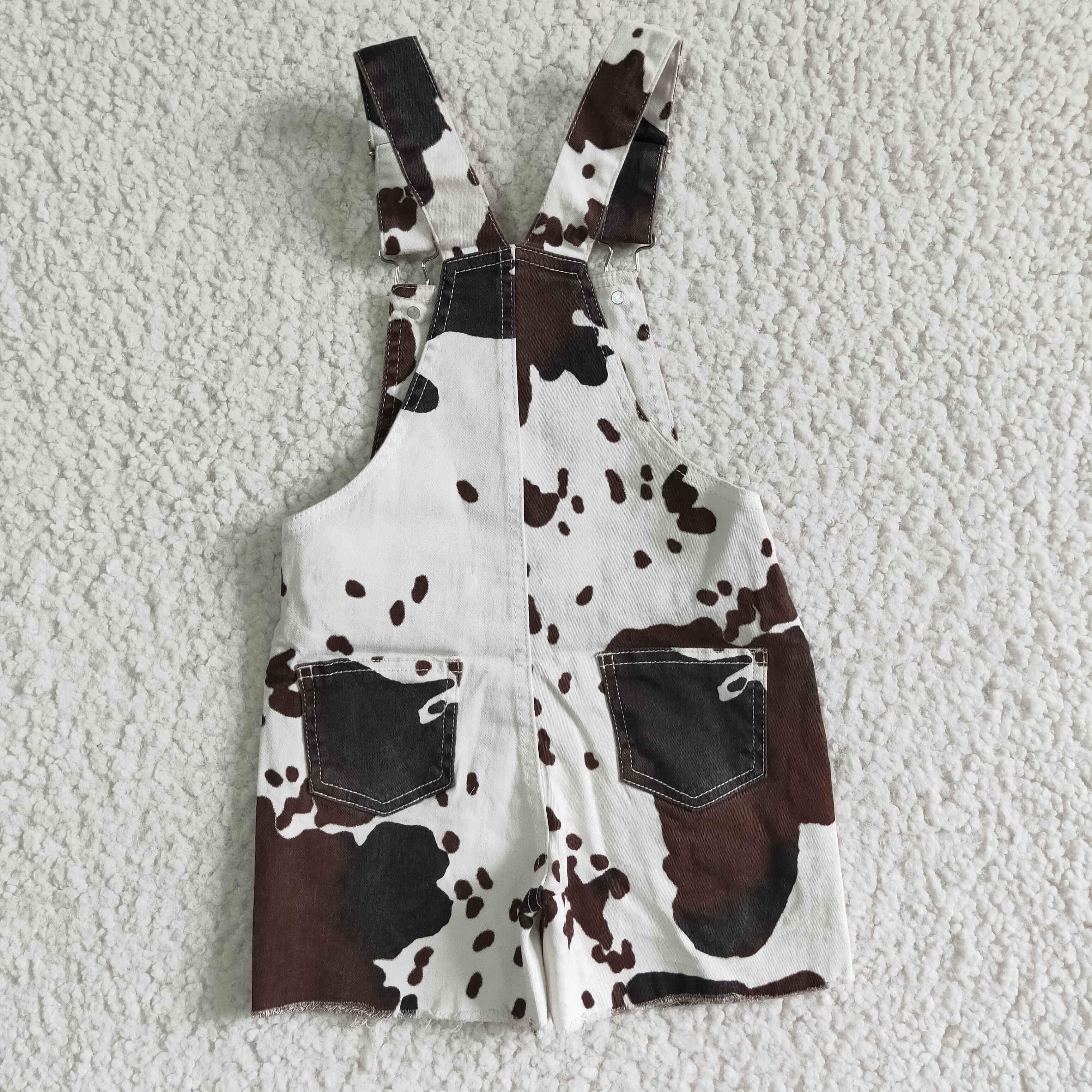 Cowhide Print Casual Ripped Distressed Suspenders Jeans Overalls Toddlers Kids Girls Denim Shorts