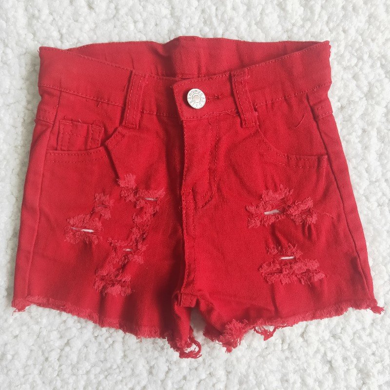 Red Bleached Ripped Distressed Summer Toddlers Kids Girls Denim Shorts