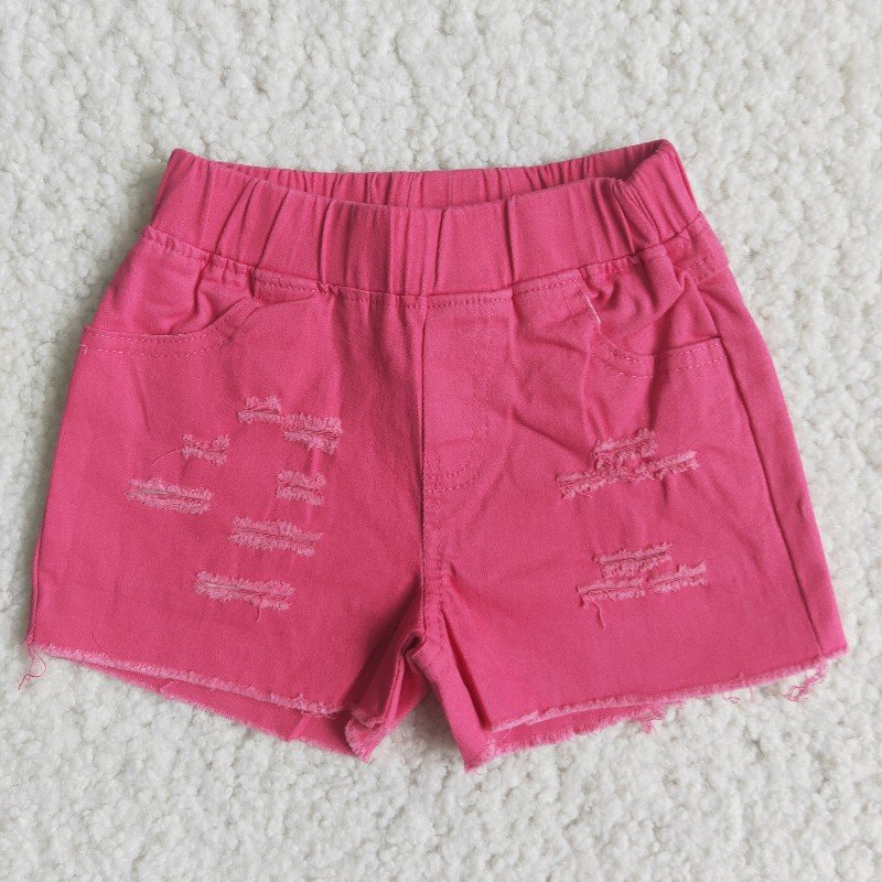 Hot Pink Bleached Ripped Distressed Elastic Waist Summer Toddlers Kids Girls Denim Shorts