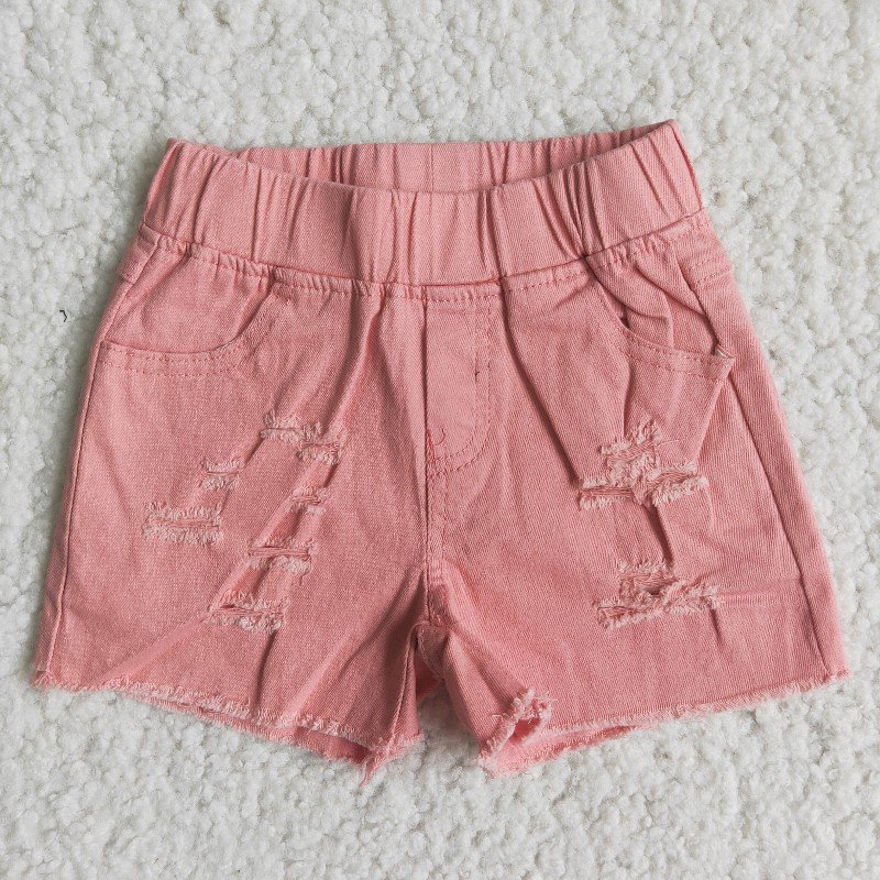 Pink Bleached Ripped Distressed Elastic Waist Summer Toddlers Kids Girls Denim Shorts