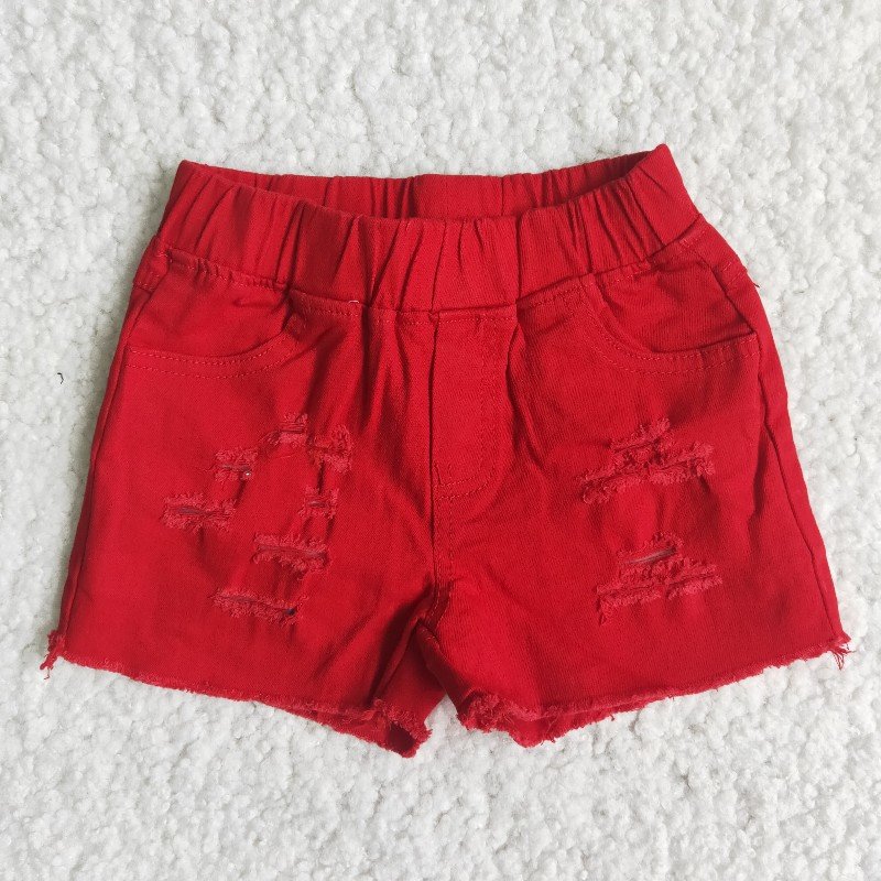 Red Bleached Ripped Distressed Elastic Waist Summer Toddlers Kids Girls Denim Shorts