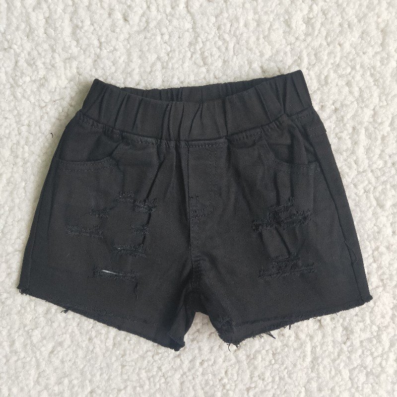 Black Bleached Ripped Distressed Elastic Waist Summer Toddlers Kids Girls Denim Shorts