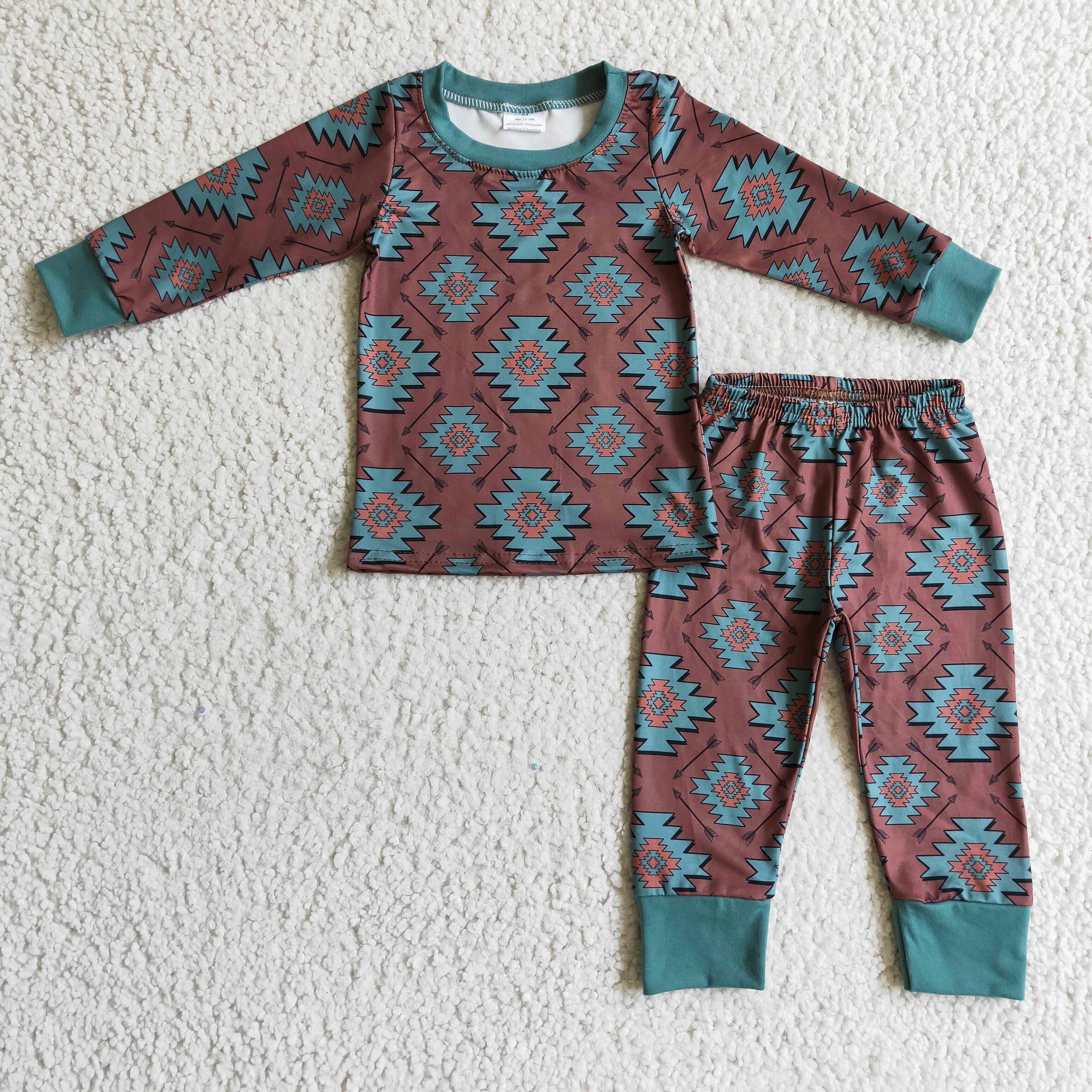 Aztec Print Burgundy Long Sleeve Pajamas Baby Kids Boys Sleepwear
