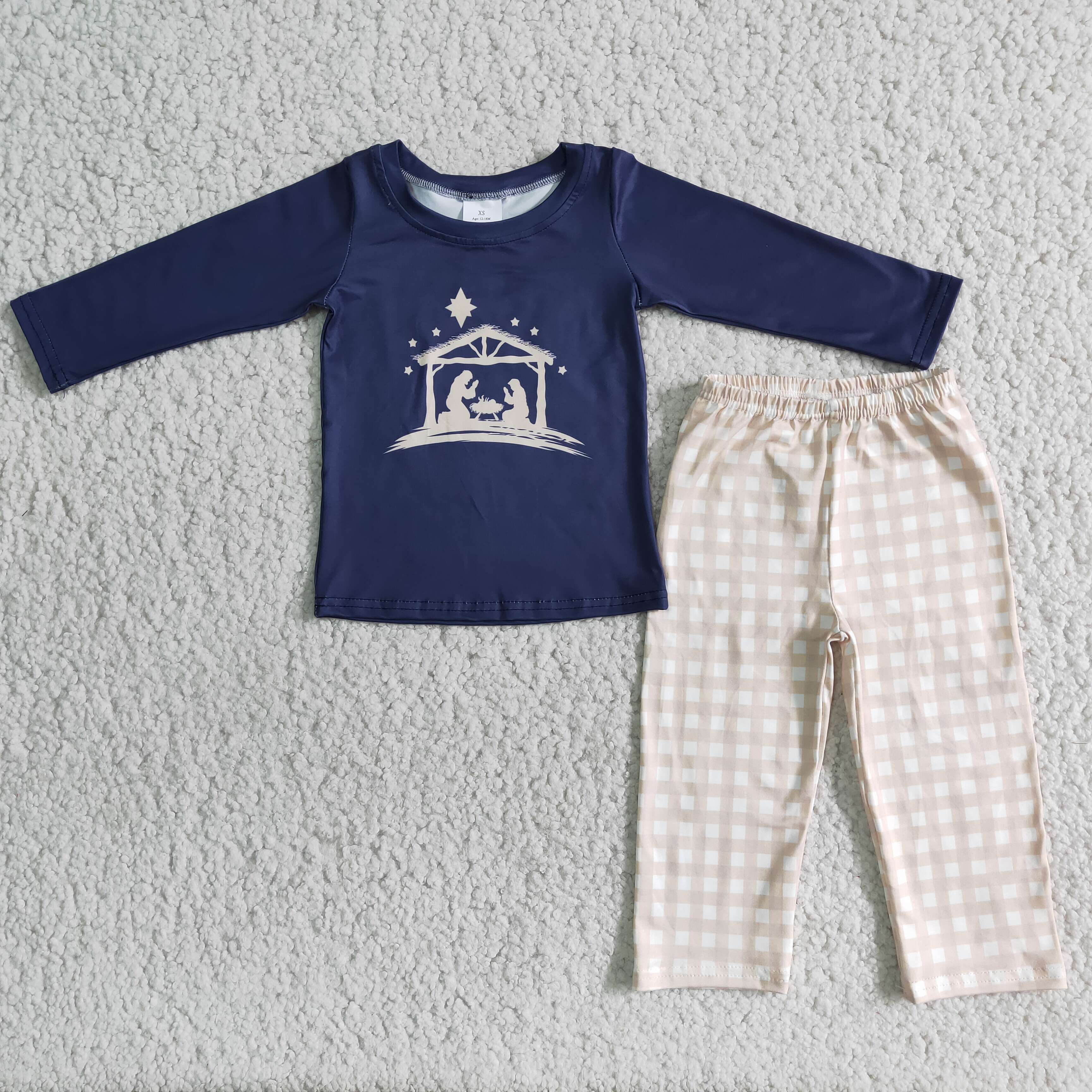 Jesus Style Plaid Navy Long Sleeve Top Pants Kids Toddlers Boys Outfits
