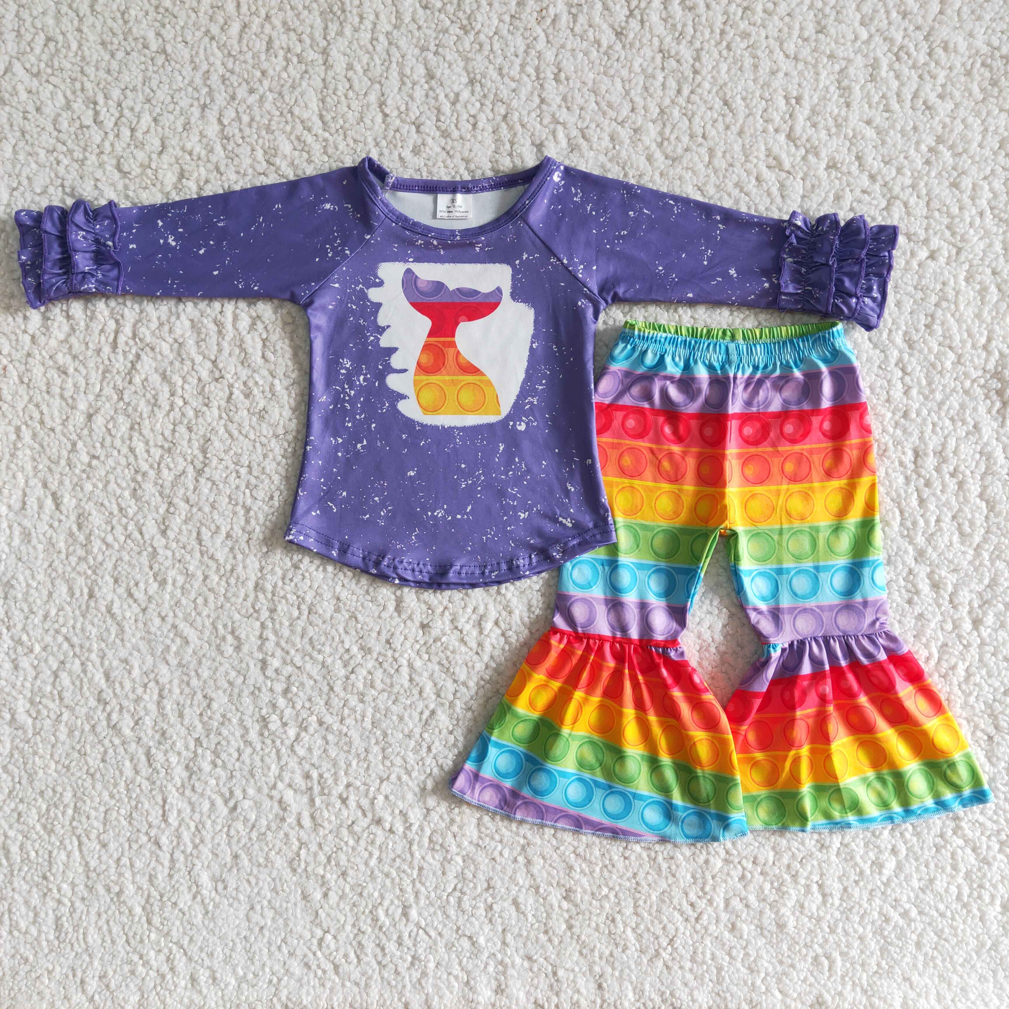 Mermaid Print Purple Long Sleeve Shirt Colorful Flared Pants Sets Kids Toddlers Girls Outfits