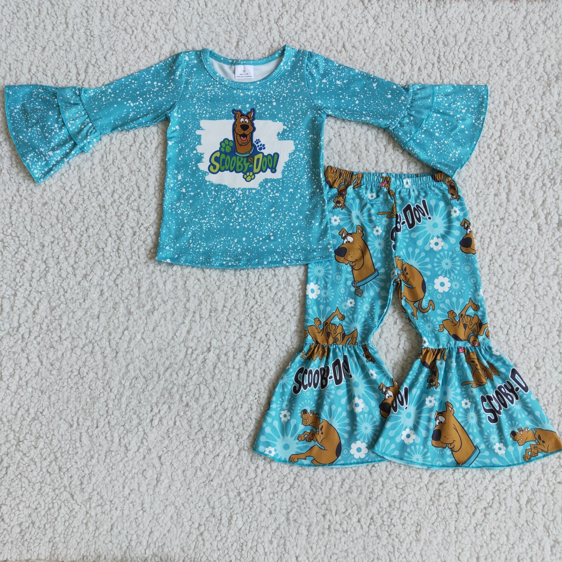 Cartoon Dog Bleached Blue Long Sleeve Shirt Top Bell Bottoms Pants Sets Autumn Kids Toddlers Girls Outfits