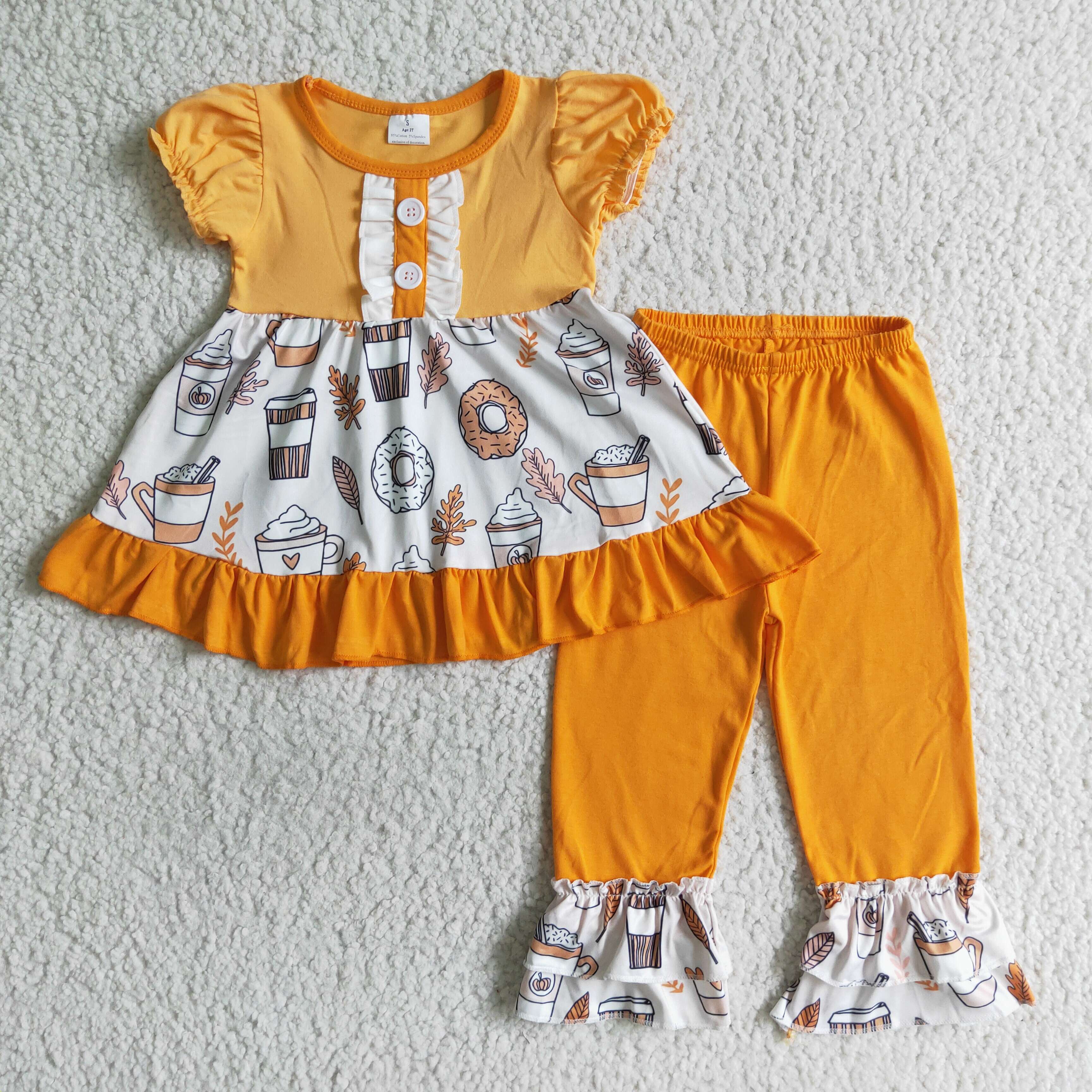 Snack Print Orange Tunic Short Sleeve Top Legging Pants Sets Fall Kids Toddlers Girls Outfits