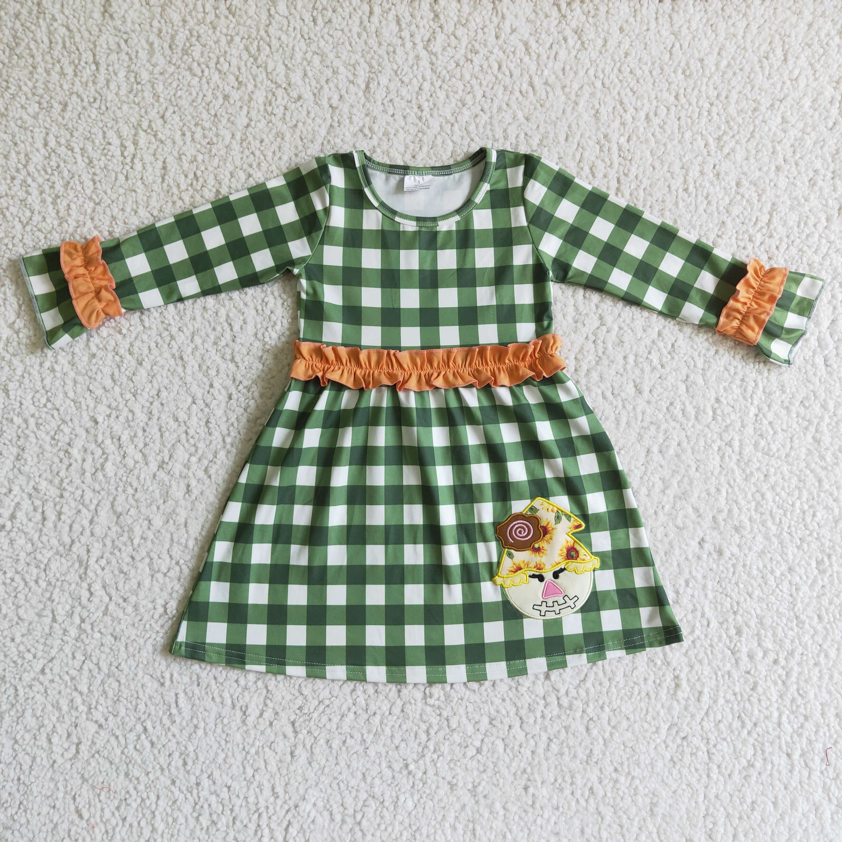 Scarecrow Embroidery Green White Plaid Long Sleeve Dress Autumn Kids Baby Toddlers Girls Dresses