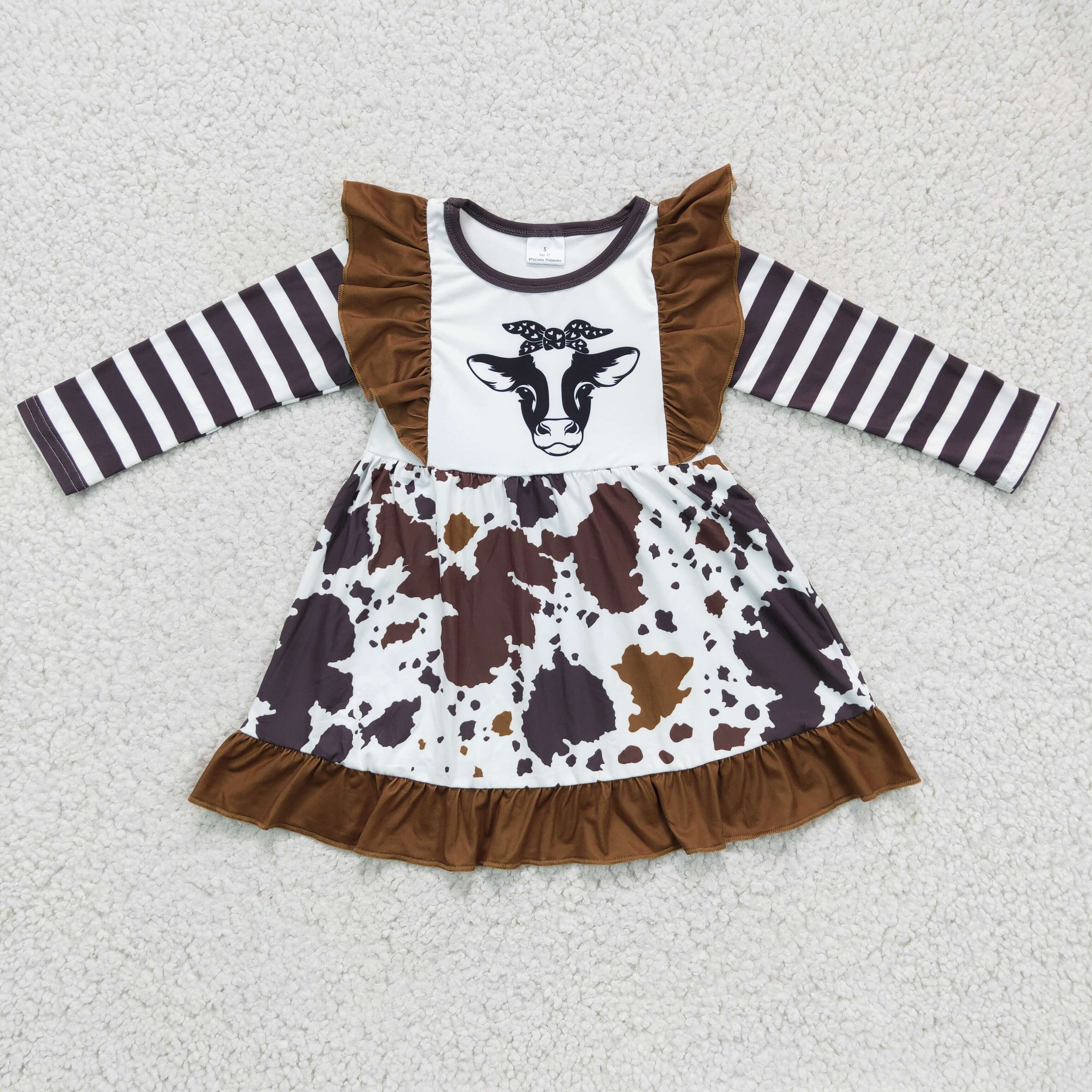 Cute Cow Print Brown Striped Cowhide Long Sleeve Dress Spring Kids Baby Toddlers Girls Dresses