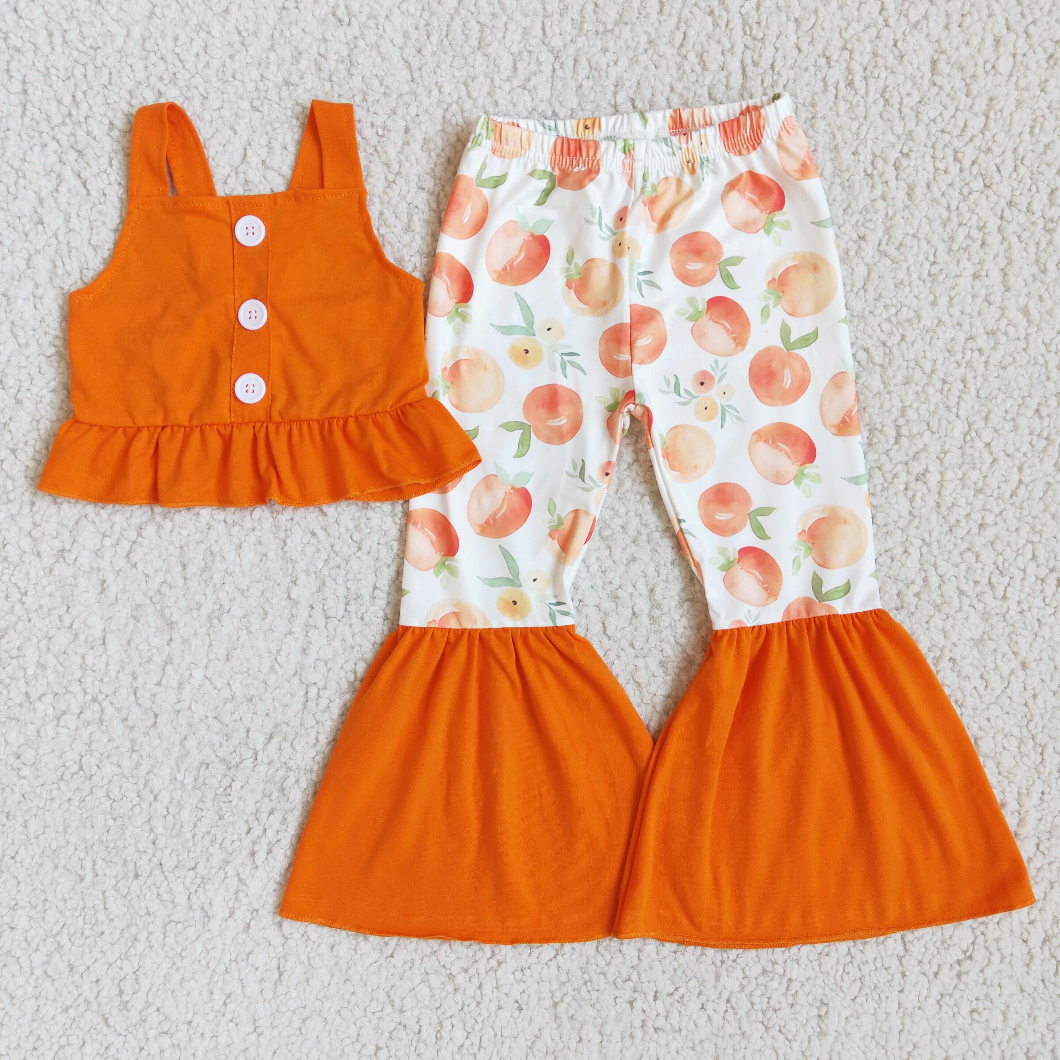 Sweet Solid Orange Ruffles Sleeveless Top Fruit Print Bell Bottoms Pants Spring Kids Clothes Toddlers Girls Outfits