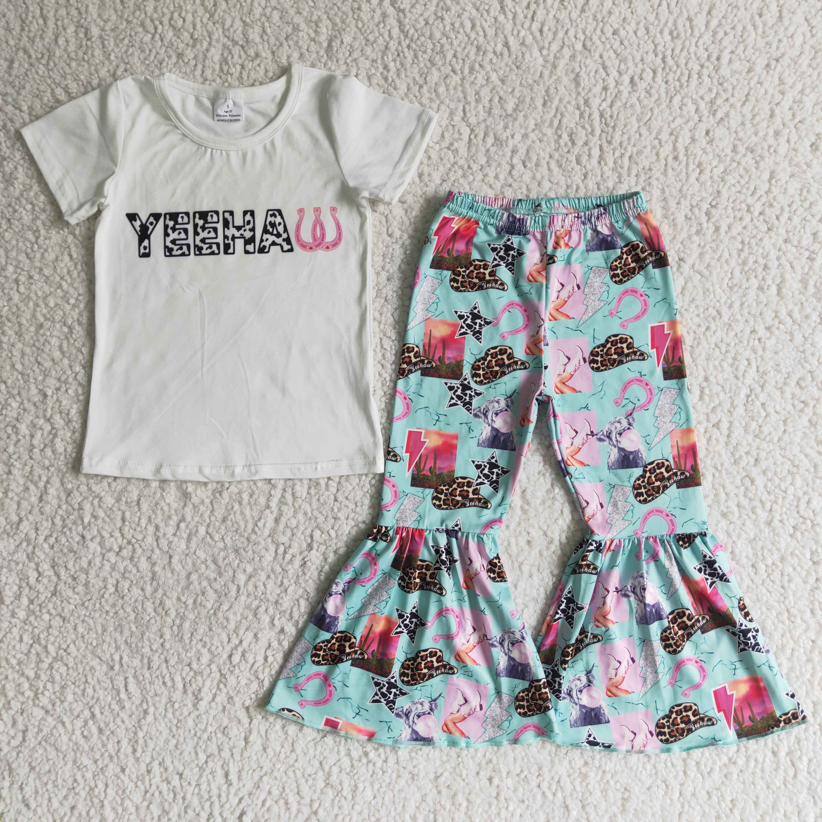 Yeehaw Letters White Top Stars Hat Cowgirl Bell Bottoms Pants Spring Summer Kids Clothes Toddlers Girls Outfits