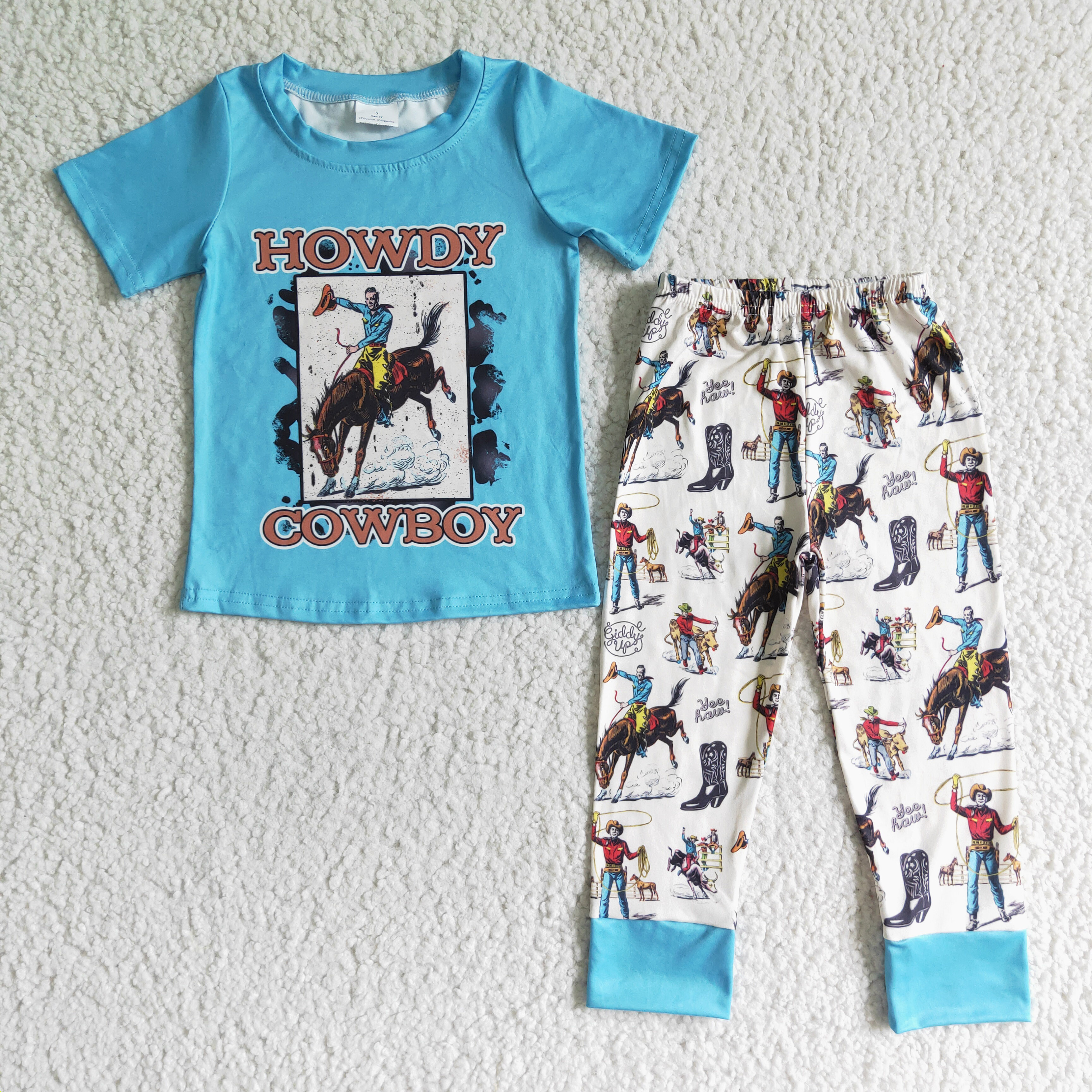 Howdy Cowboy Sky Blue Short Sleeve Top Off-White Pants Sets Spring Baby Kids Clothes Toddlers Boys Outfits