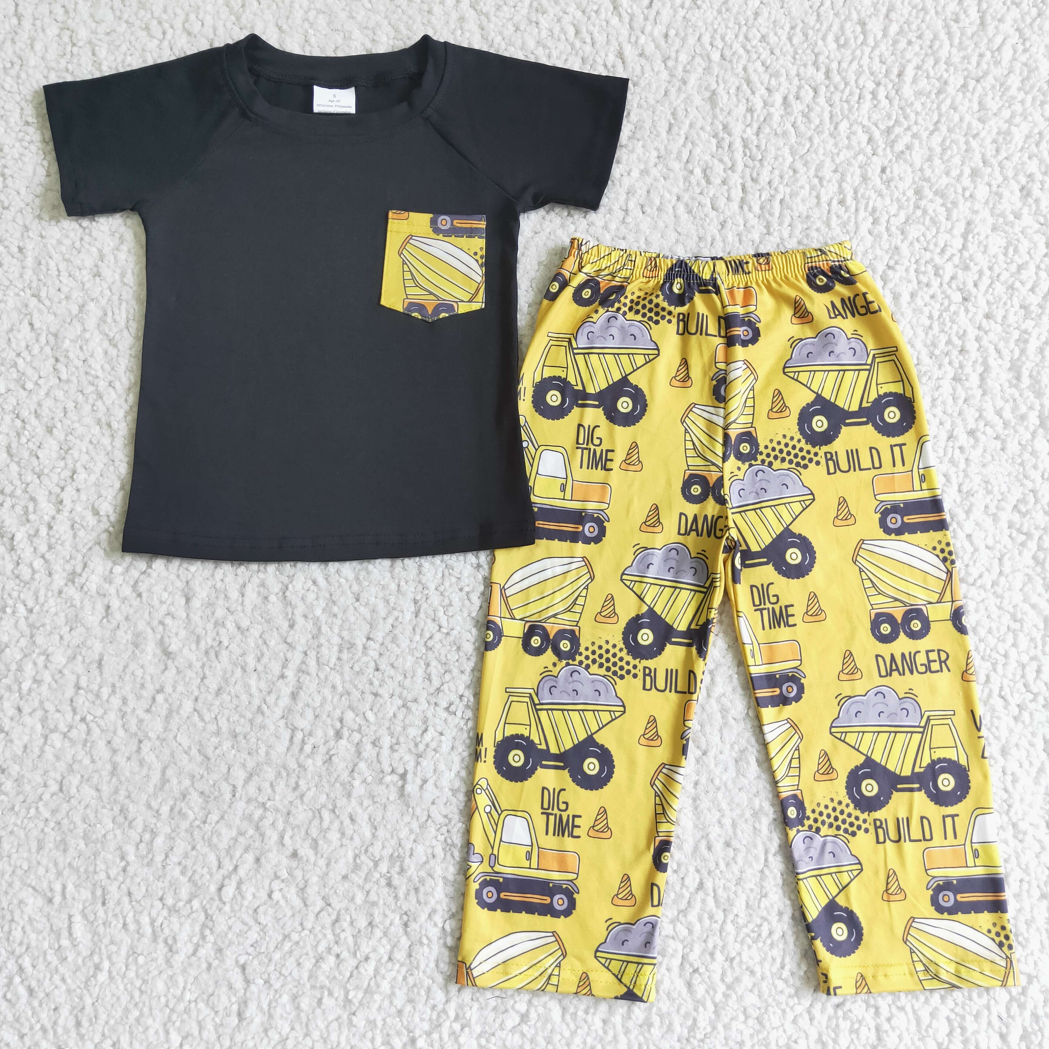 Pocket Black Short Sleeve Top Dig Time Excavator Print Yellow Pants Sets Spring Baby Kids Clothes Toddlers Boys Outfits