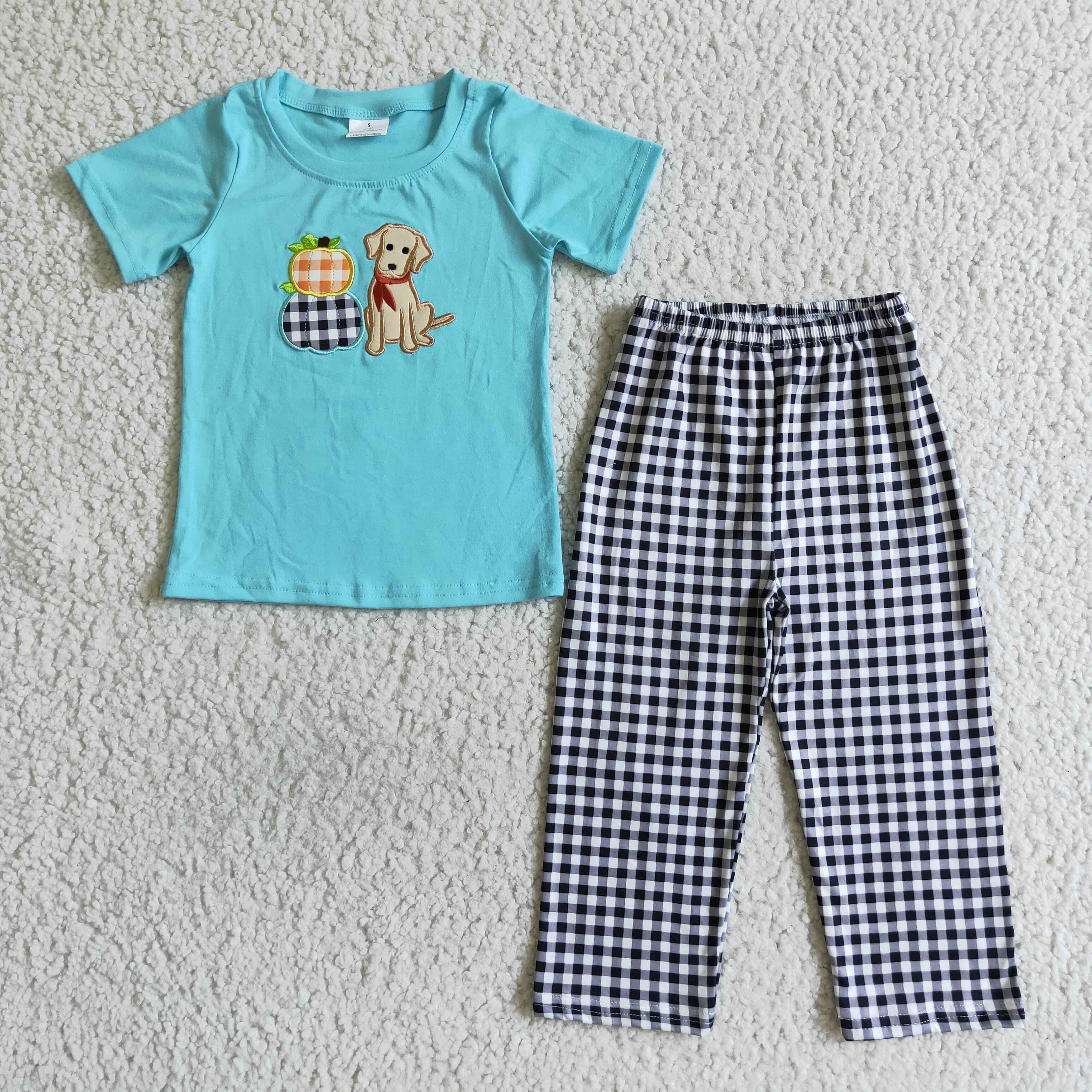 Pumpkin Dog Embroidery Sky Blue Short Sleeve Top Plaid Pants Sets Spring Baby Kids Clothes Toddlers Boys Outfits