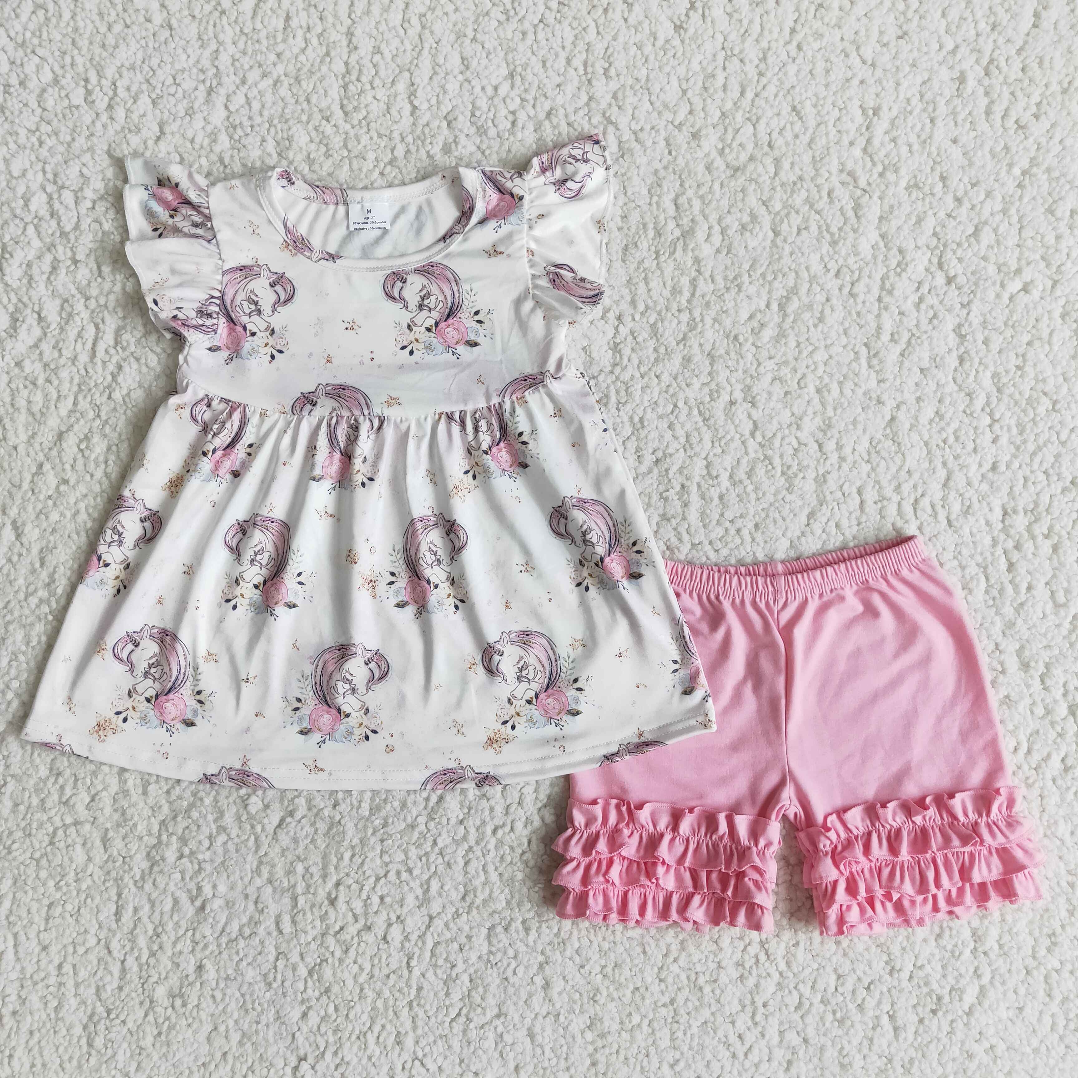 Cute Unicorn Short Sleeve Top Solid Pink Shorts Sets Summer Kids Clothes Toddlers Girls Outfits