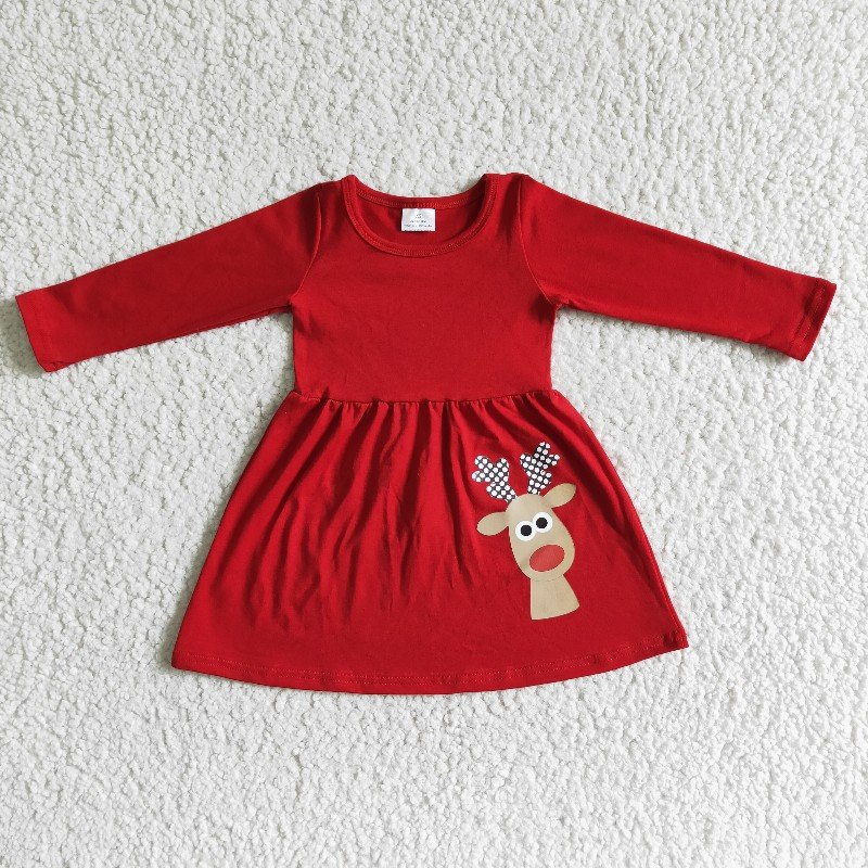Red Deer Christmas Long sleeve girl dress kids clothing