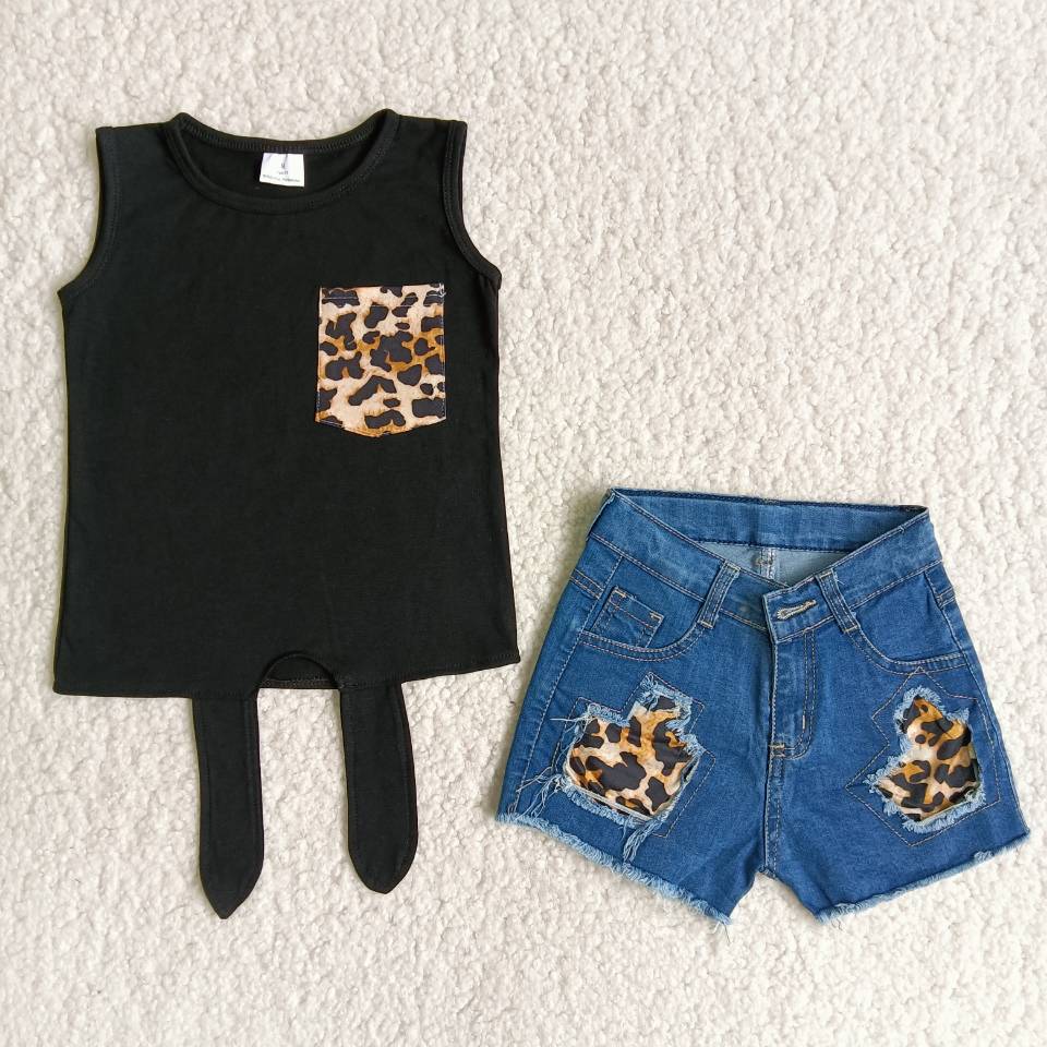 Brown Leopard Sleeveless Tank Navel girl t shirt denim shorts jeans outfit kids clothing