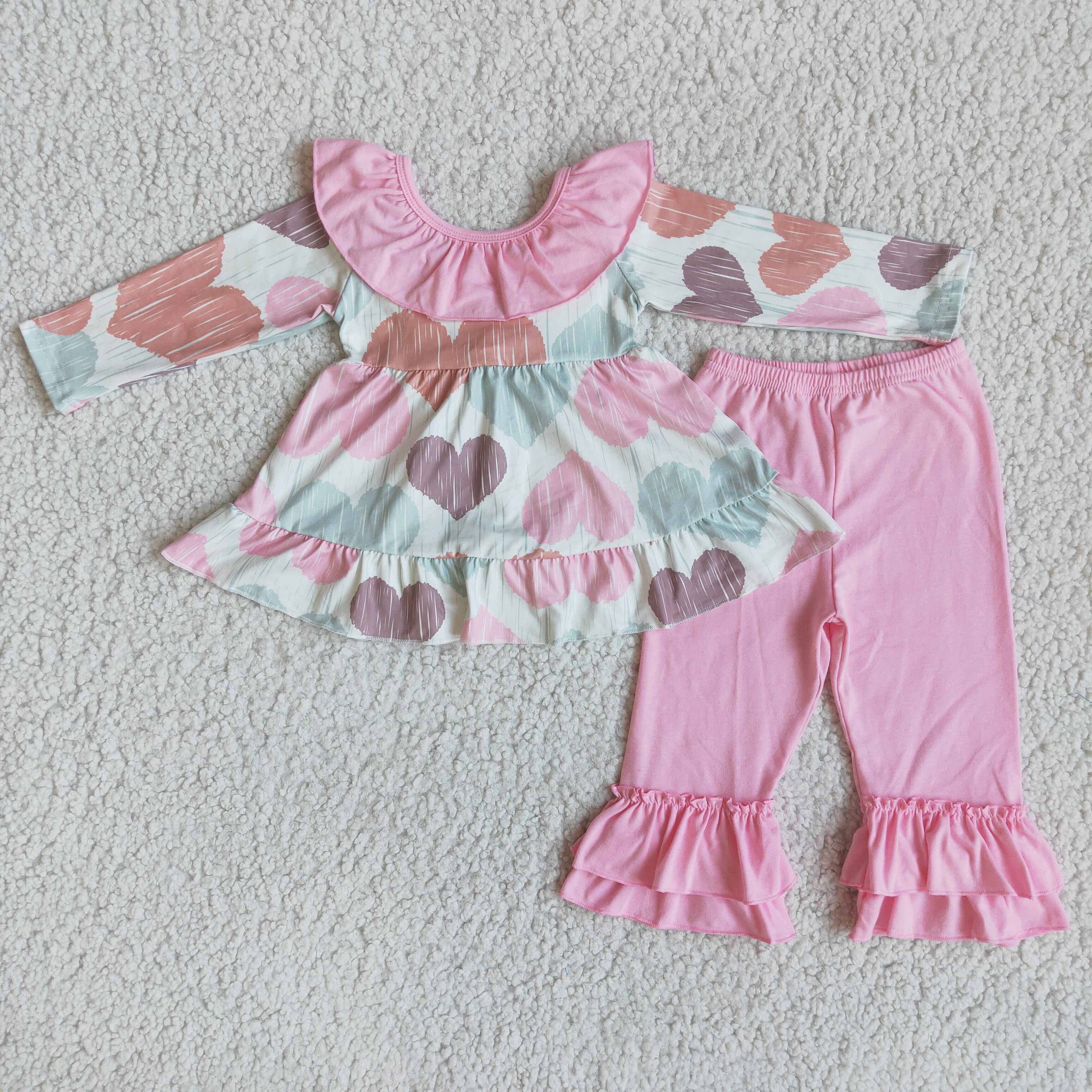 Valentine's Day Pink Heart Bow Luxury Girl Tunic Outfit Winter Two Pieces Kids Clothing