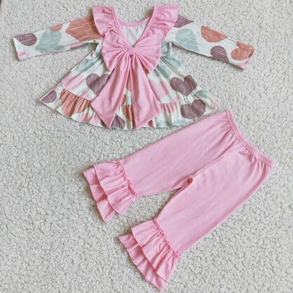 Valentine's Day Pink Heart Bow Luxury Girl Tunic Outfit Winter Two Pieces Kids Clothing
